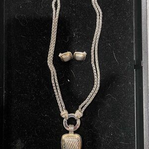 Elegant Silver and Gold Pendant and Matching Earrings Set - New